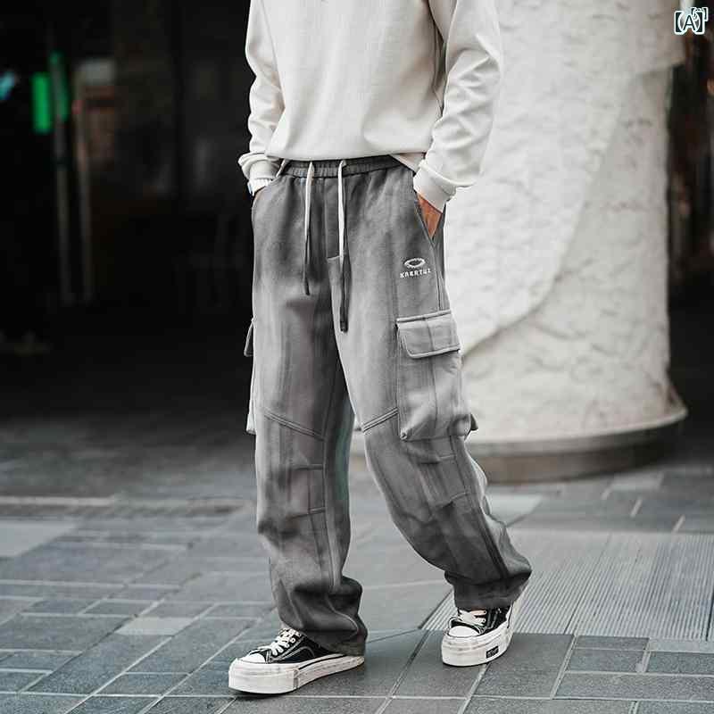 メンズ　ファッション　オシャレ　カジュアル　男性 秋冬 アメリカン レトロ プリーツ マルチ ポケット ニット カジュアル パンツ グラデーション ウエスト ゴム ストレート