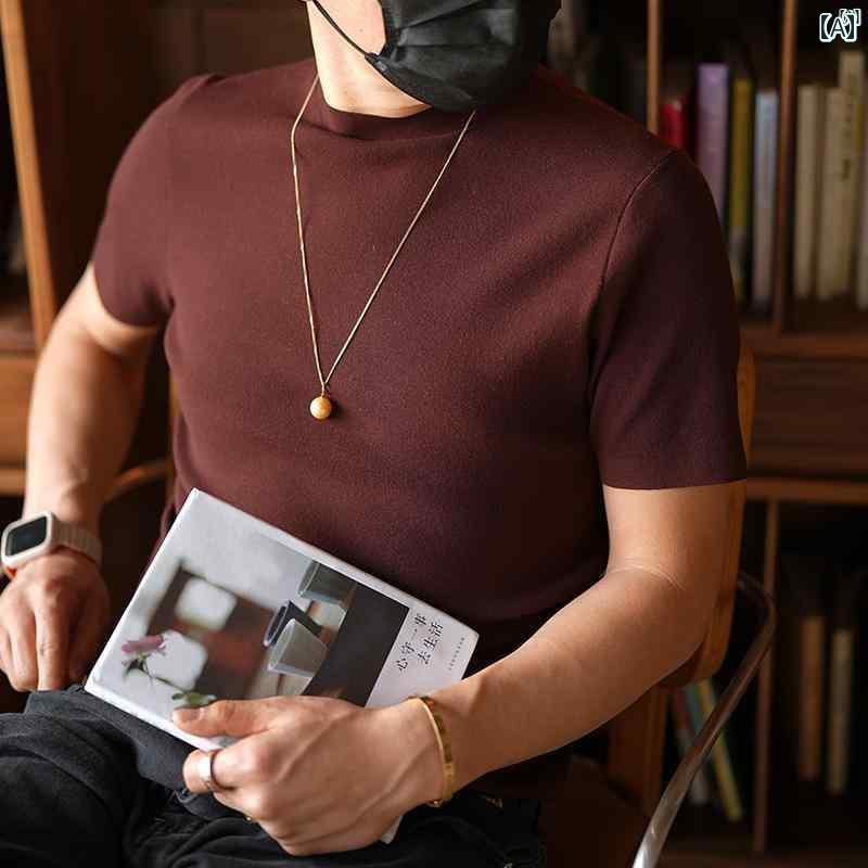 メンズ　ファッション　オシャレ　カジュアル　男性 韓国 ファッション ハーフ タートルネック 半袖 セーター 男性 秋冬 無地