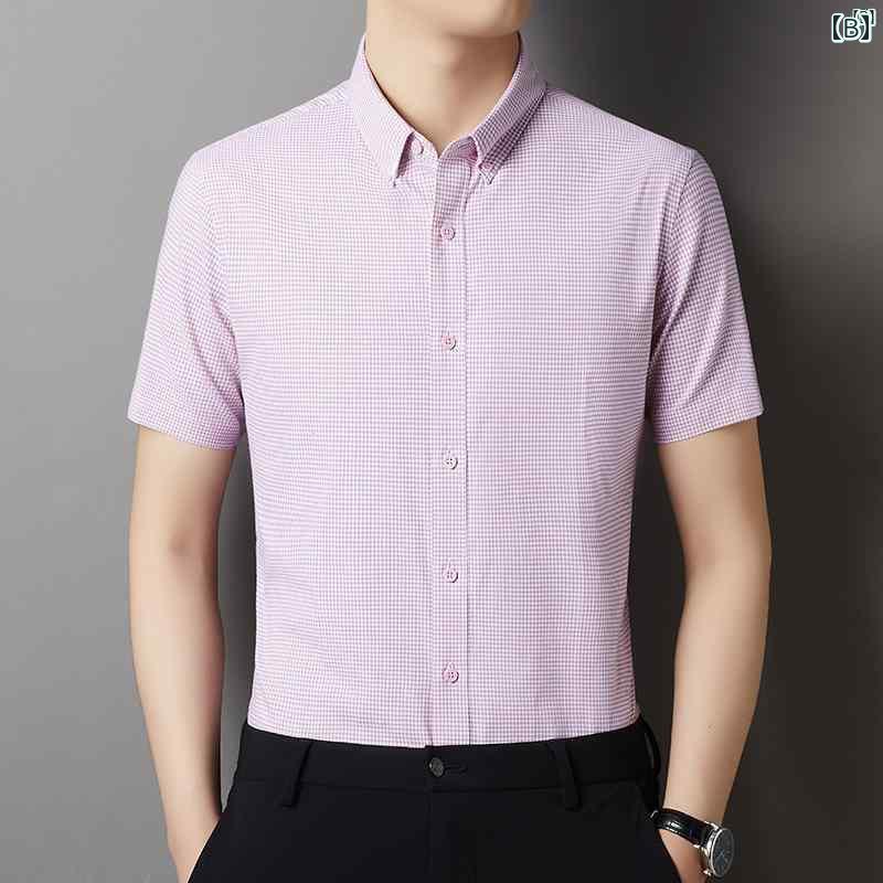 メンズ　ファッション　オシャレ　カジュアル　男性 上品 夏 チェック柄 半袖 シャツ コットン ファッション ハイエンド ソリッドカラー ボタン ダウン カラー ポイント インチ