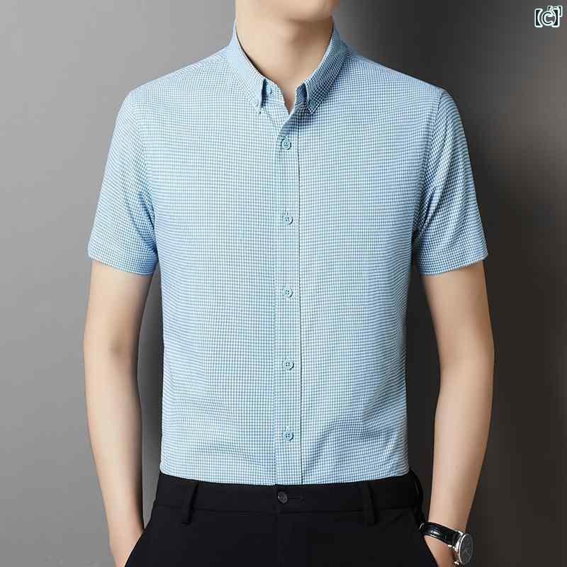 メンズ　ファッション　オシャレ　カジュアル　男性 上品 夏 チェック柄 半袖 シャツ コットン ファッション ハイエンド ソリッドカラー ボタン ダウン カラー ポイント インチ