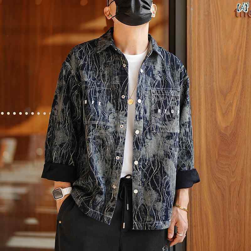 メンズ　ファッション　オシャレ　カジュアル　男性 デイリー ワークウェア デニム タイダイ柄 カラー ブロック シャツ コットンジャケット メンズ 秋冬 暖かい トップ
