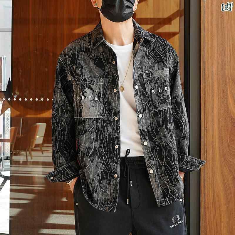 メンズ　ファッション　オシャレ　カジュアル　男性 デイリー ワークウェア デニム タイダイ柄 カラー ブロック シャツ コットンジャケット メンズ 秋冬 暖かい トップ