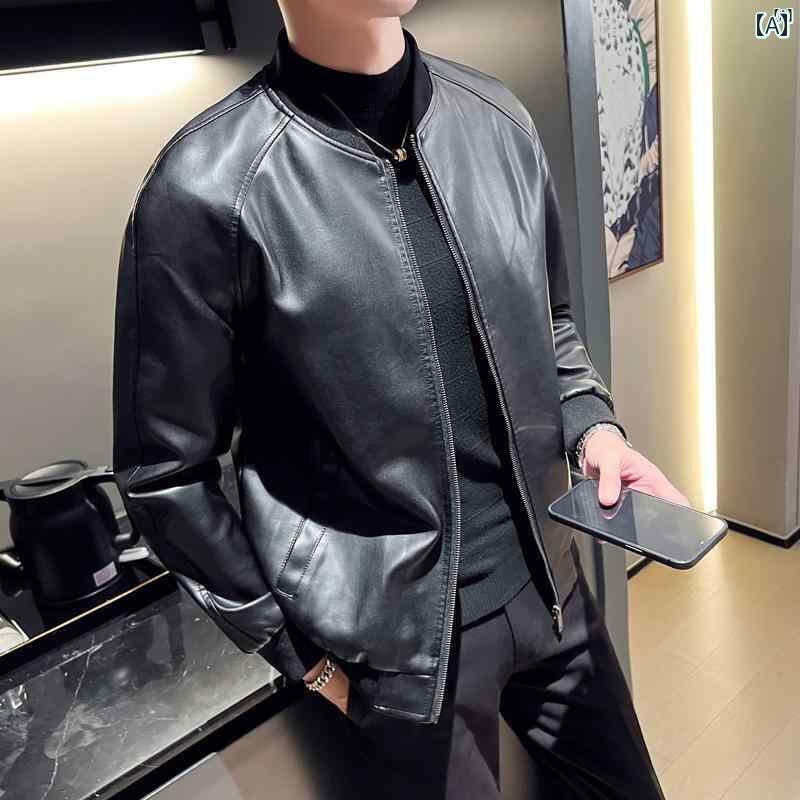 メンズ　ファッション　オシャレ　カジュアル　男性 春秋 若々しい スタンドカラー レザージャケット スリムフィット 韓国 オートバイ PU