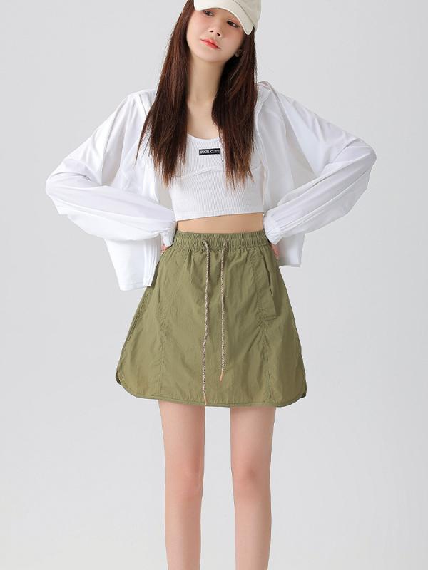 乐天商城 - スカートパンツ レディース 夏用 接触冷感 ハイウエスト Aライン ショート丈 防透け ゆったり 速乾 ナイロン素材 切り替えデザイン ドローストリング カジュアル 普段使い ホワイト ブラック グレー パープル ミリタリー ベージュ