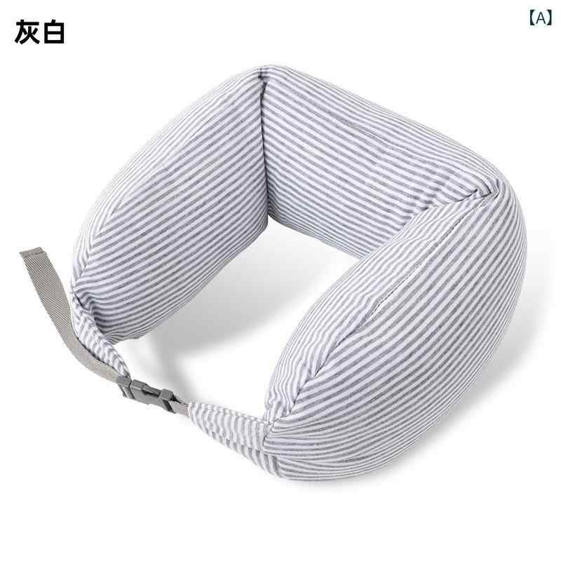 U型枕 メンズ レディース 旅行用 飛行機 車内 ネックサポート 腰枕 午睡 携帯 綿混 ポリコットン フォーム粒子 グレー ストライプ シンプル [2]