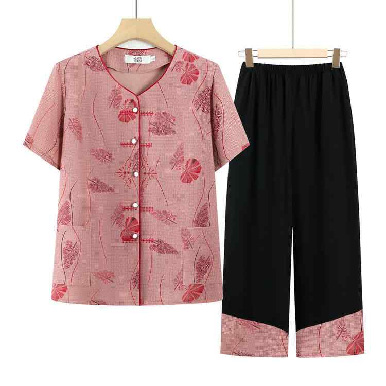 ミセス 夏用 短袖 シャツ セット ゆったり 花柄 ボタン ポリエステル ストレッチ 薄手 ルーズフィット 開襟 普通丈 赤 緑 青 涼しい 清涼 植物柄 カジュアル 普段使い