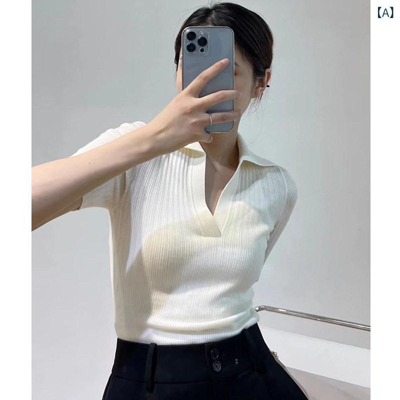 レディース ファッション 韓国 韓国ファッション オシャレ アーバン レディース ニット 半袖 Tシャツ 夏 ポロシャツ 美しい ショート トップス