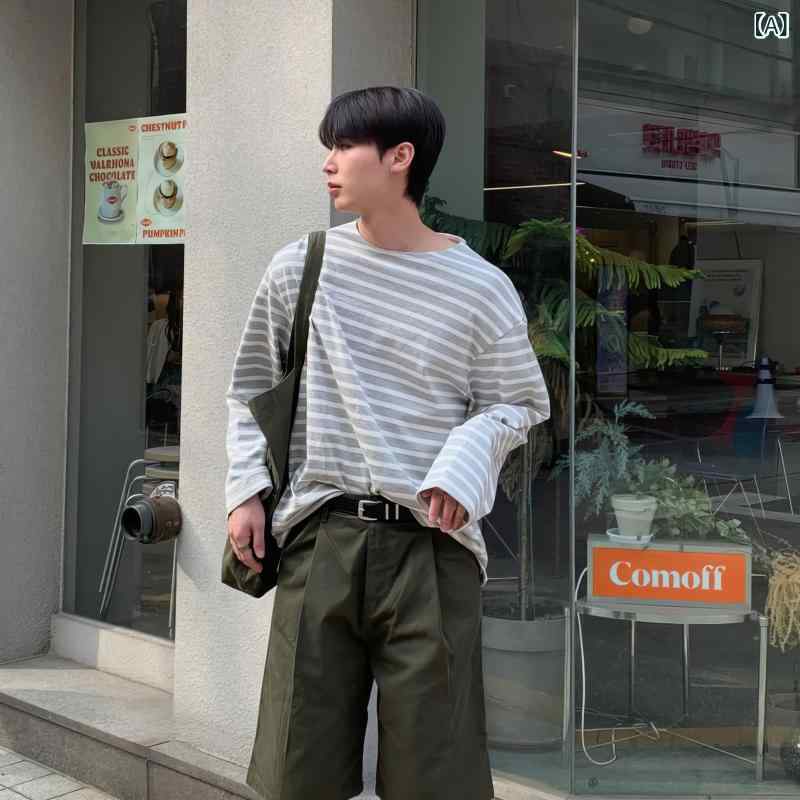 メンズ　ファッション　韓国ファッション　オシャレ　韓国 メンズ ストライプ Tシャツ 長袖 夏 通気性 日焼け防止 韓国 カップル ハイエンド 耐久性 トップ
