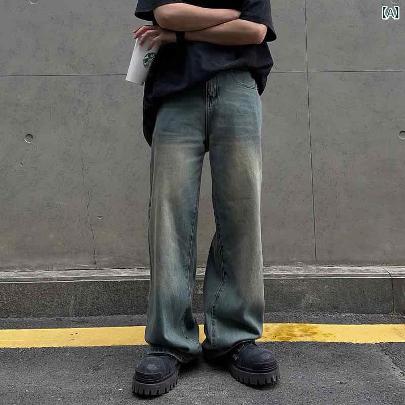 メンズ　ファッション　韓国ファッション　オシャレ　韓国 アメリカン レトロ ウォッシュ 加工 メンズ ストレート ジーンズ 夏 たり ワイド レッグ パンツ ドレープ 感 フロア レングス