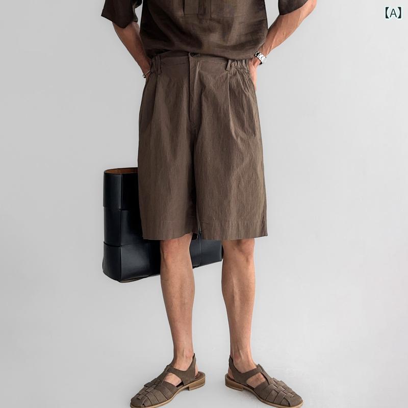 メンズ　ファッション　韓国ファッション　オシャレ　韓国 ブラウン 伸縮性 ウエスト カジュアル ショート パンツ メンズ 夏 ドレープ レトロ ストレート レッグ 1667mm