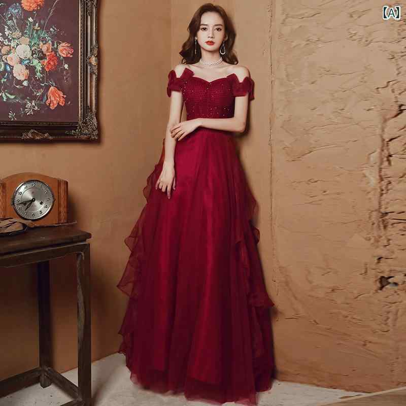 Other - レディース ファッション　オシャレ　ドレス　2次会 トースト ドレス 花嫁 ハイエンド ライト 高級 魅惑的 ワンショルダー ホスト レッド 結婚式 婚約 イブニングドレス スカート レディース