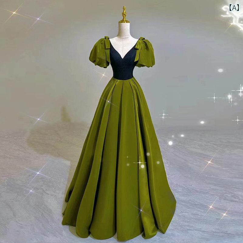 Other - Vネック オリーブ グリーン レトロ プリンセス イブニング ドレス ライト 高級 婚約 トースト ホスト 卒業 パフォーマンス