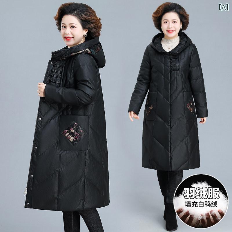乐天商城 - ぽっちゃり ママ 冬 ダウン ジャケット 中華風 プレート ボタン ミドル丈 レディース 余分 大きめ サイズ コットンコート