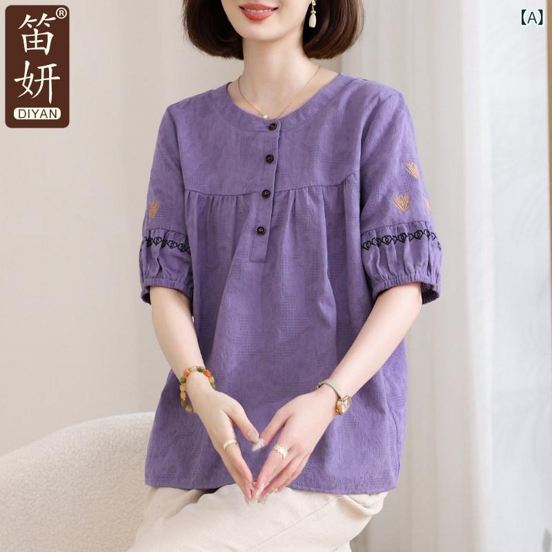 母 夏 コットン 半袖 Tシャツ レディース 大きいサイズ リネン トップ スーツ