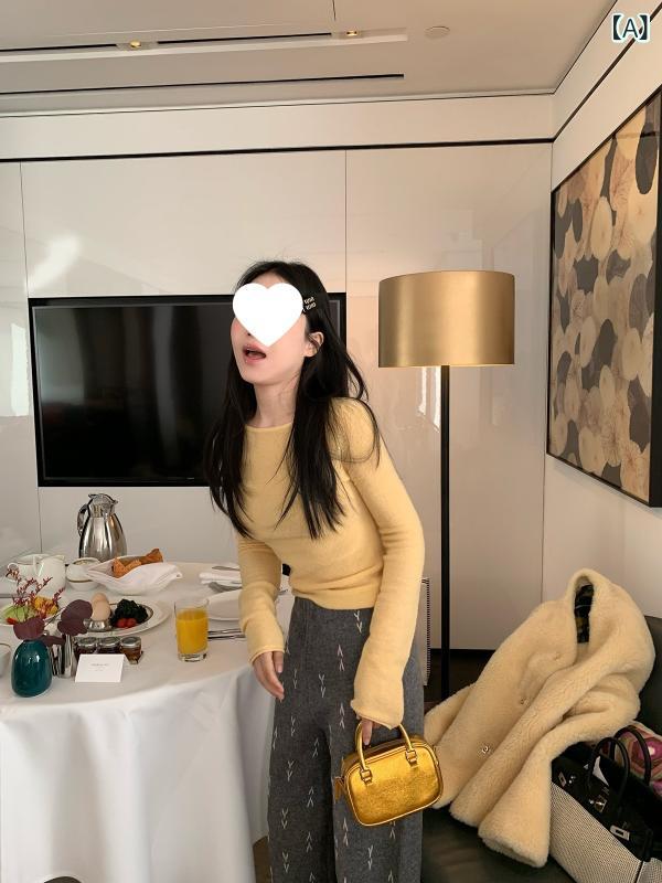 乐天商城 - レディース 秋冬 ニットセーター 丸首 長袖 羊毛素材 イエロー 通勤用 スリムフィット ロールエッジ ベースレイヤー インナートップス