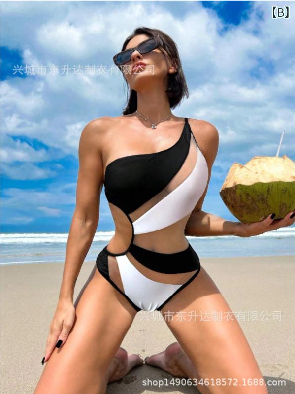 ワンピース水着 レディース セクシー 無袖 切り替え 透け ビーチ 速乾 高伸縮 背中開き タイトフィット ブラック ツートンカラー ポリエステル スパンデックス フィットネス 耐久性 2