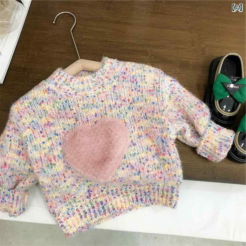 女の子用 ニットセーター 秋冬 厚手 長袖 丸首 綿 柔らかい かわいい ハート柄 カ...
