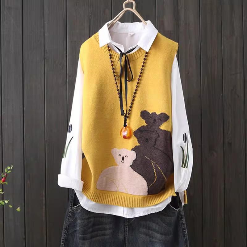 乐天商城 - レディース 無袖 ニット ベスト 短丈 ゆったり Vネック クマ柄 動物パターン クロシェ刺繍 ウール混紡 ポリエステル素材 カジュアル 韓国風 春物 レイヤード インナー 普段使い