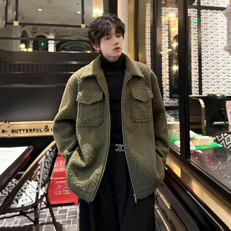 乐天商城 - ジャケット メンズ 秋冬 短丈 厚手 ウール混 無領 ルーズフィット シングルブレスト 高級感 クールスタイル 日常使い ポリエステル混紡 綿混 ノンアイロン 長袖 ブラック ワインレッド グリーン