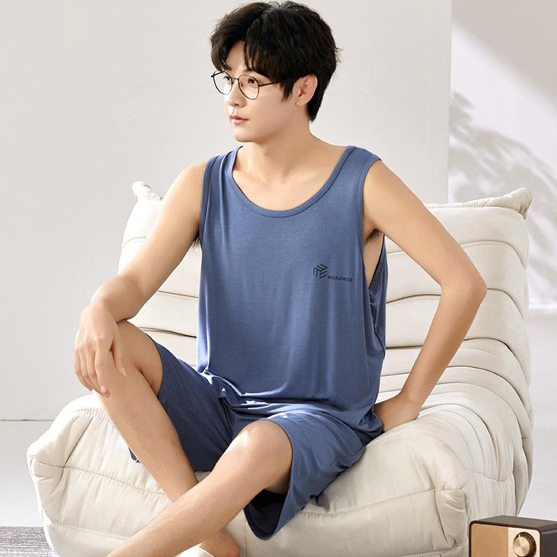 パジャマ セット 男性用 夏 モダール素材 タンクトップ ショーツ 薄手 部屋着 外出着 カジュアル ビッグサイズ ラウンドネック 無袖 軽量 吸湿速乾 再生繊維 シンプル ホームウェア