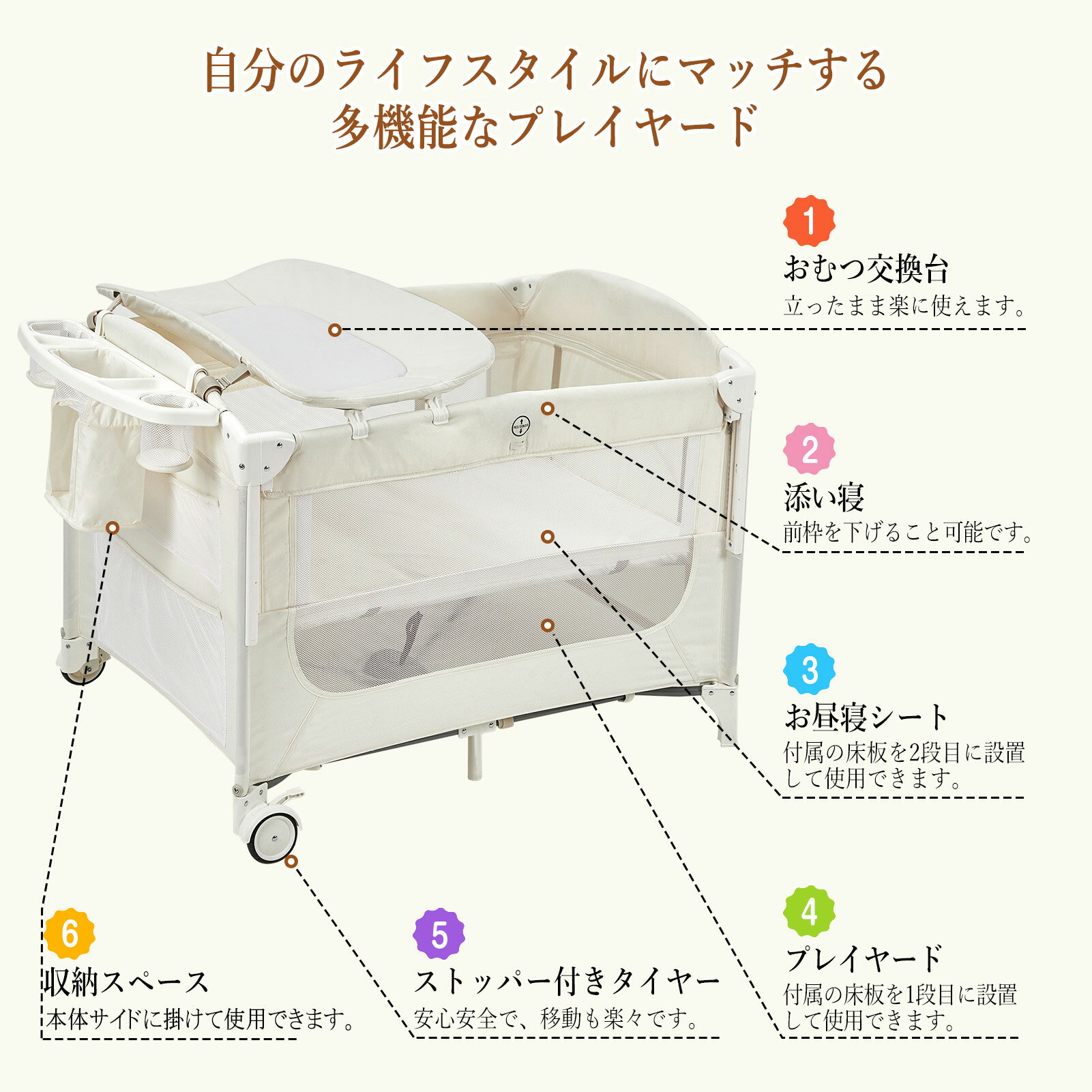 Playpens - ベビープレイヤード 折りたたみ おむつ交換台 蚊帳付き メリー付き ベビーサークル 添い寝 マットレス付き お昼寝 ベビー用品 赤ちゃん 新生児 子供 プレゼント 出産祝い