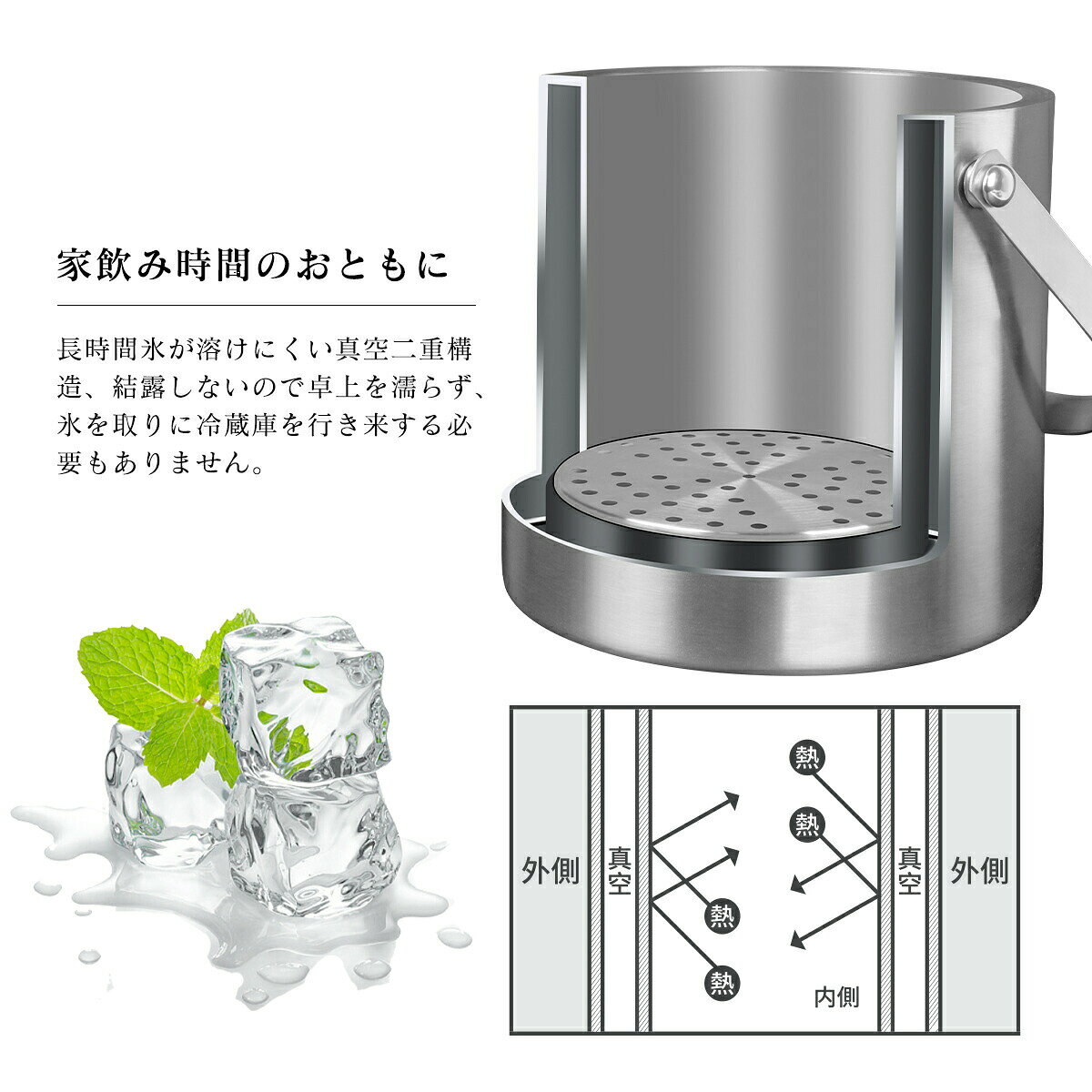 Simply.Rのアイスペール アイスバケツ ステンレス 1.6L 2L 3L 4L 溶けない 大型 真空断熱アイスペール アイスバケット 二重壁断熱 氷バケツ アイストング シャンパン ワイン 酒 保冷容器 業務用 クラブ スナック パーティー｜アングル3