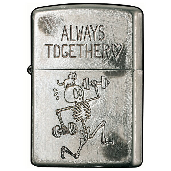 オリジナル zippo 【ジッポ】(ジッポー)ライター　メタル・彫刻：FUNNY SKULL　2UDS-ALWAYS シルバー ユーズド加工プレゼントZIPPO