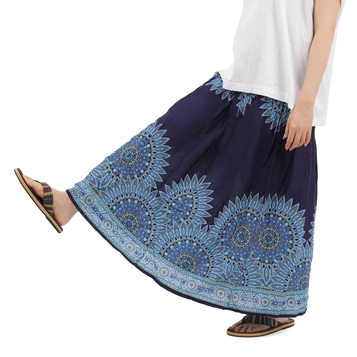 [沖縄技研] スカート ワンピース アジアン エスニック 2WAY レーヨン レディース SK-4982 (ネイビー)