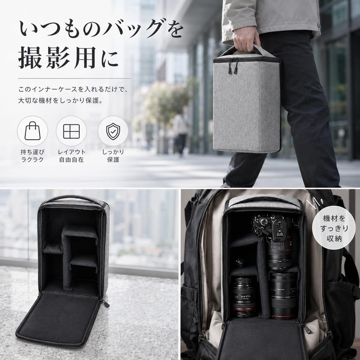 SIMPS by WANSTEのカメラインナーケース 縦型 カメラバッグ インナーバッグ 仕切り付き レンズ収納 撮影機材 旅行｜アングル2