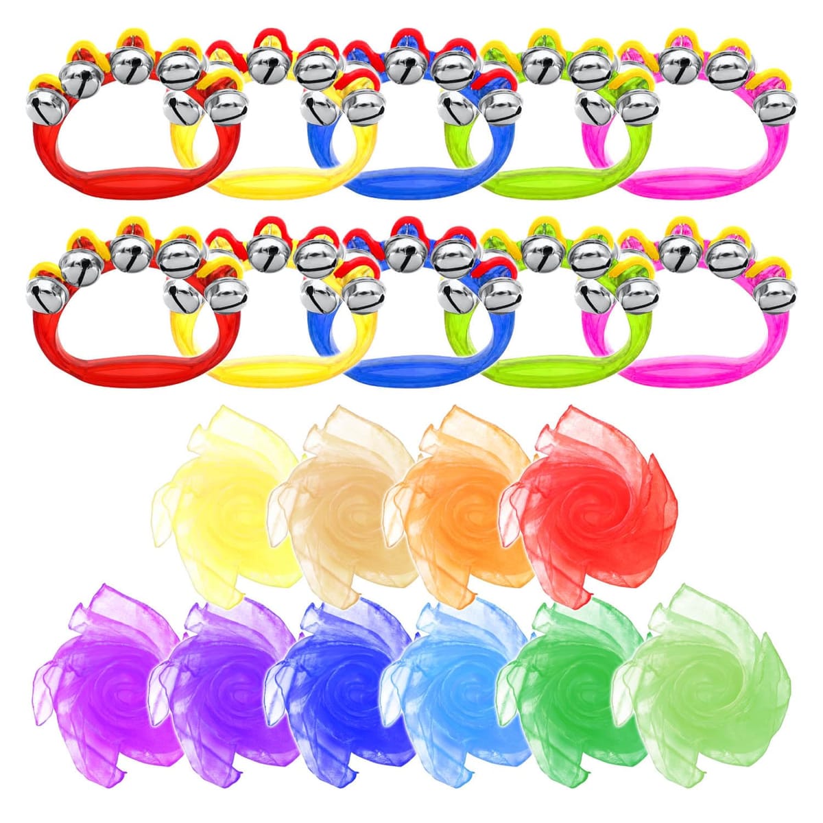 リトミックスカーフと鈴でレッツダンス。シフォンスカーフとリングベルの組み合わせで、ダンスや踊りに豊かな表現を。柔らかなスカーフとすずの清らかな音色で様々な感情を表現することができます。大人から子供まで誰もが簡単に、そして自由に扱うことができるので、 ベリーダンスや、リトミック、発表会、学芸会、施設のレクリエーションなど、さまざまな場面で活躍するスカーフとハンドベルのセットです。リトミック スカーフは、柔らかく軽やかな素材が風になびくような美しい動きを生み出し、ダンスや表現活動に豊かな表現力を与えます。また、手品やジャグリングなどの小道具としてもご利用いただけます。鈴の速さや強弱で、リズム感を生み出し、演技やパフォーマンスにアクセントを加えます。リトミック スカーフを手に取り、鈴の音とともに身体を動かすことで、参加者は自由な表現を楽しむことができます。セット内容：リトミックスカーフ（10色　各1枚ずつの合計10枚 60cm角）　鈴（5色　各2個ずつの合計10個）のセットです。 リトミックスカーフと鈴でレッツダンス。シフォンスカーフとリングベルの組み合わせで、ダンスや踊りに豊かな表現を。柔らかなスカーフとすずの清らかな音色で様々な感情を表現することができます。 大人から子供まで誰もが簡単に、そして自由に扱うことができるので、 ベリーダンスや、リトミック、発表会、学芸会、施設のレクリエーションなど、さまざまな場面で活躍するスカーフとハンドベルのセットです。 リトミック スカーフは、柔らかく軽やかな素材が風になびくような美しい動きを生み出し、ダンスや表現活動に豊かな表現力を与えます。また、手品やジャグリングなどの小道具としてもご利用いただけます。 鈴の速さや強弱で、リズム感を生み出し、演技やパフォーマンスにアクセントを加えます。リトミック スカーフを手に取り、鈴の音とともに身体を動かすことで、参加者は自由な表現を楽しむことができます。 セット内容：リトミックスカーフ（10色　各1枚ずつの合計10枚 60cm角）　鈴（5色　各2個ずつの合計10個）のセットです。