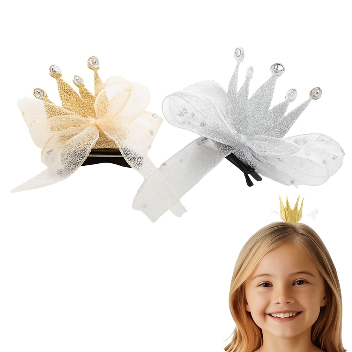 [Maatsu] 王冠 ヘアクリップ ティアラ 赤ちゃん ベビークラウン クラウン ヘアアクセサリー チュールリボン付き