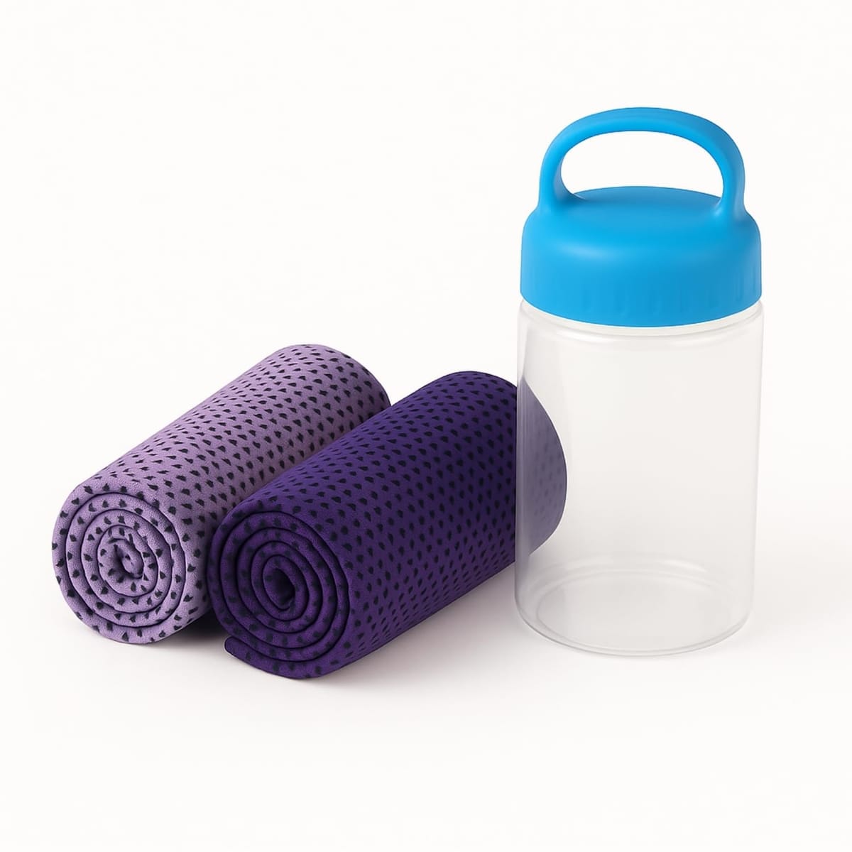 OWN COLORS 冷感メッシュタオル 2枚セット （リラックスペア／紫）【訳ありアウトレット】吸水速乾 吸汗 スポーツ・温泉・旅行・ジム・サウナ後にも使える 通気メッシュ構造 軽量ボトル付き 未使用品（在庫限り）