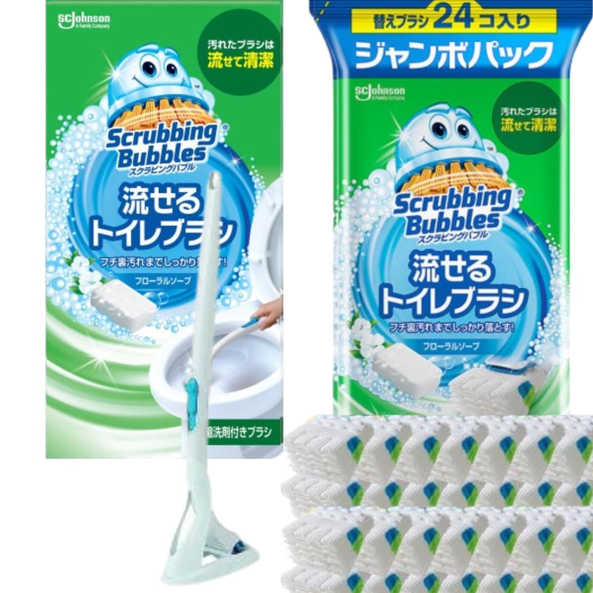 ◆【本体と詰め替えのセット】：フローラルソープの香り。本体と詰め替えが28回分。◆【1回ごとの使い切り】：使い捨てのブラシで、お掃除が終わったらそのままトイレに流せます。衛生的で後片付けも不要です。◆【洗剤成分を染み込ませたブラシ】：洗剤不要、これ1つでトイレ全体をしっかり洗浄。強力な洗剤成分が汚れを落とします。◆【簡単な取り替え】：付属の専用ハンドルに取り付けて、すぐに使えます。ブラシの取り付けもワンタッチで簡単です。 ◆【本体と詰め替えのセット】：フローラルソープの香り。本体と詰め替えが28回分。 ◆【1回ごとの使い切り】：使い捨てのブラシで、お掃除が終わったらそのままトイレに流せます。衛生的で後片付けも不要です。 ◆【洗剤成分を染み込ませたブラシ】：洗剤不要、これ1つでトイレ全体をしっかり洗浄。強力な洗剤成分が汚れを落とします。 ◆【簡単な取り替え】：付属の専用ハンドルに取り付けて、すぐに使えます。ブラシの取り付けもワンタッチで簡単です。