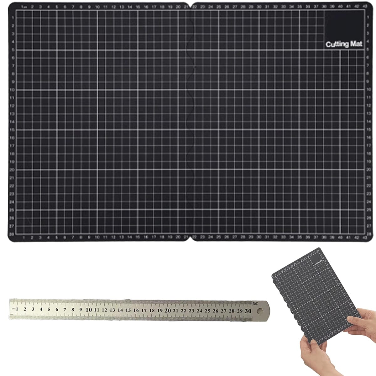 Alpha Depot 折りたたみ 工作マット カッティングマット A3 A4 両対応 300×450mm 大判 カッターマット DIY 30cm金属定規付き 省スペース収納