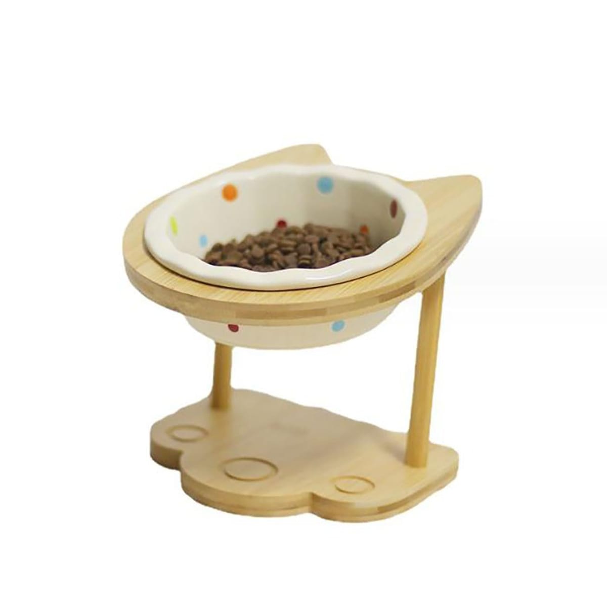 ねこや子犬用の餌入れ容器（室内用）　陶器のフードボウルに竹材でできた高さのある台座付き（バンブースタンド）台座はワンちゃんネコちゃんが食べやすい適度な角度（傾斜15度）に設計されており、首を曲げすぎずにご飯を食べたりお水を飲んだりすることができ、ペットの体への負担を軽減します。餌皿と台座が取り外せるので洗いやすく、また陶器の容器は汚れが落ちやすく、衛生的です。台座は猫の顔（猫の耳）と猫の手（肉球）のとっても可愛い形になっています。シンプルでおしゃれな色合いの竹製スタンドで、強度と耐久性があり、お部屋の雰囲気にも合わせやすいデザインになっています。台座：高さ約15.5cm×横約17センチ（手前高さ約12.5cm）　器：直径約14cm×高さ約5cm　重さ380g　容量300ml ねこや小型犬用の餌入れ（室内用）陶器のフードボウルに竹材でできた高さのある台座付き 台座はワンちゃんネコちゃんが食べやすい適度な角度に設計されており、首を曲げすぎずにご飯を食べたりお水を飲んだりすることができ、ペットの体への負担を軽減します。 餌皿と台座が取り外せるので洗いやすく、また陶器の容器は汚れが落ちやすく、衛生的です。 台座は猫の顔と猫の手のとっても可愛い形になっています。シンプルでおしゃれな色合いの竹製で、強度と耐久性があり、お部屋の雰囲気にも合わせやすいデザインになっています。台座：高さ約15.5cm×横約17センチ（手前高さ約12.5cm）　器：直径約14cm×高さ約5cm　重さ380g　容量300ml