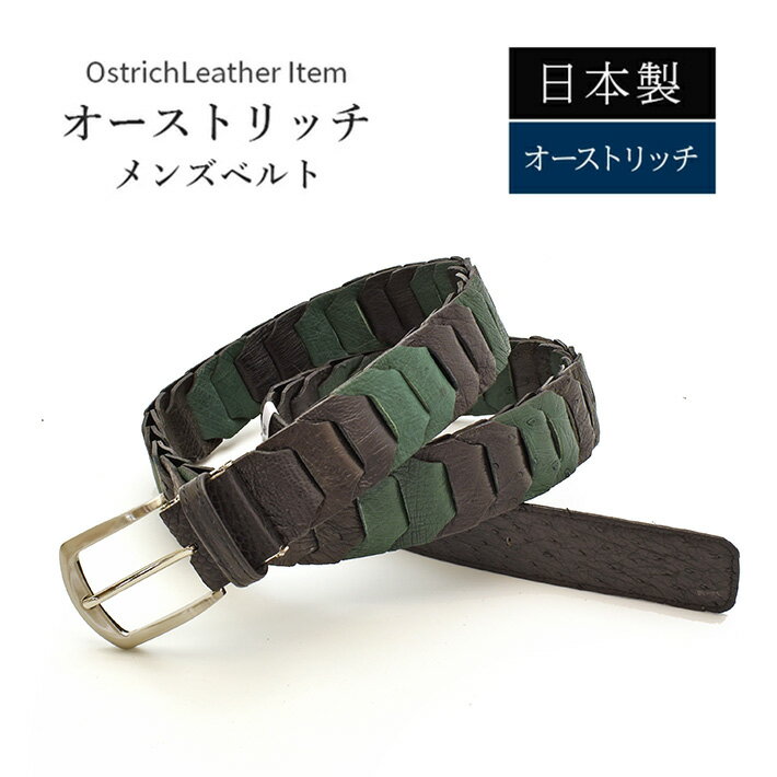 Rakuten - 日本製 オーストリッチ ベルト 長尺 ロングサイズ グリーン系【最大105cm】 幅35mm 紳士用 男性用 メンズ 本革 レザー 駝鳥革 ダチョウ革 (送料無料) 父の日 No.708996grmix
