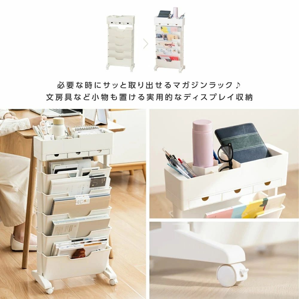北欧 書類収納ラック 雑誌 本 工具不要 オープンラック 大容量 キャスター付き 省スペース 6段階スリムタイプ [2]