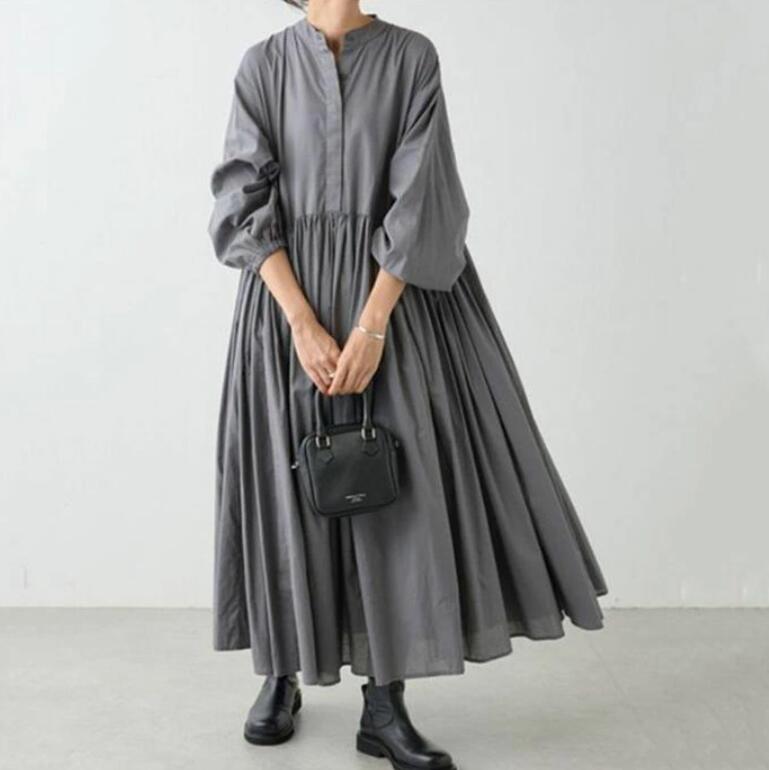 シャツワンピース 長袖 レディース ロングワンピース マキシワンピース ギャザー マキシ丈 大人可愛い きれいめ Aライン