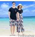 ハワイ風 お揃いコーデ 総柄 花柄 半袖ティーシャッツ ペア 家族 半ズボン 吊りズボン Tシャツ 黒 親子ペアルック ギフト