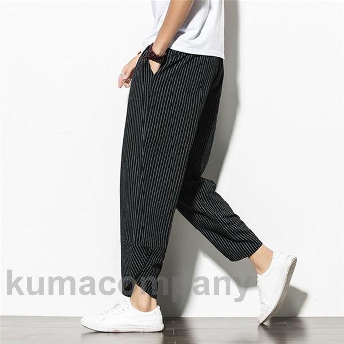 ゆったり ルームウェア カジュアル 綿麻 ジョガーパンツ ストライプ メンズ サルエルパンツ アラジンパンツ 春