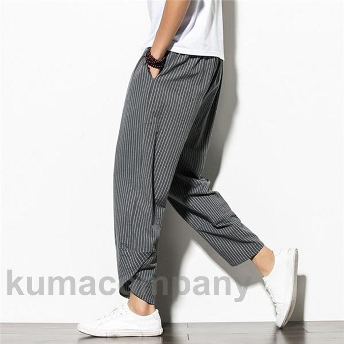 ゆったり ルームウェア カジュアル 綿麻 ジョガーパンツ ストライプ メンズ サルエルパンツ アラジンパンツ 春