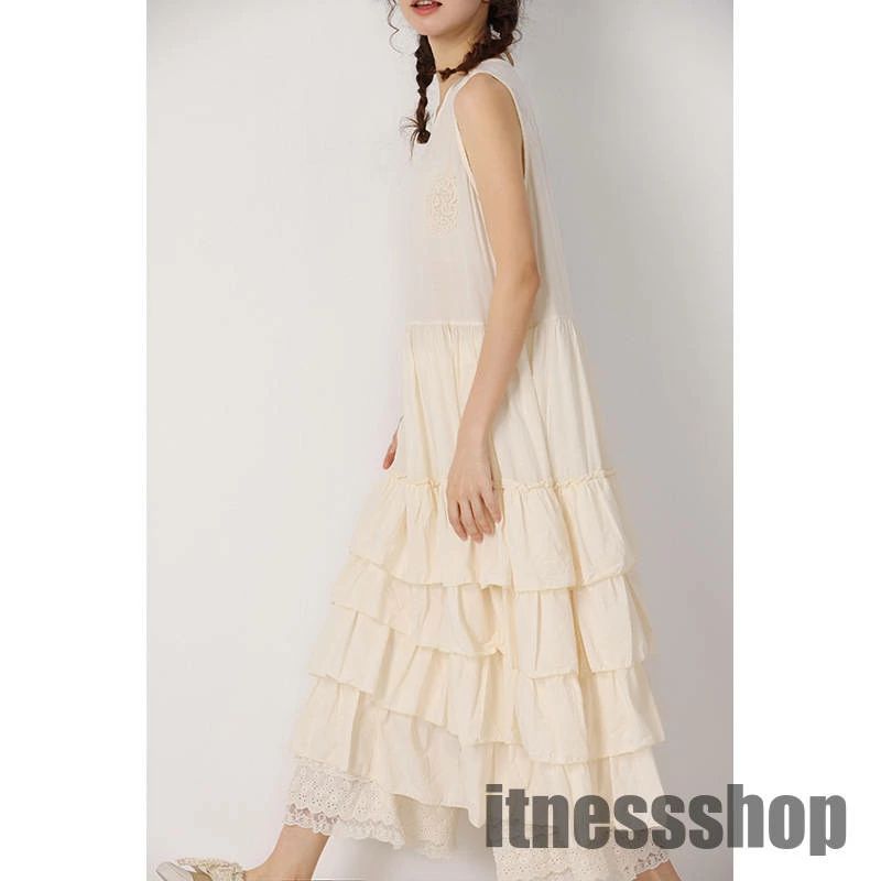 ガーリー ロング丈 無地 ワンピース フリル ふんわり レディース 夏 ノースリーブ ワンピース ギャザー ティアード