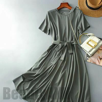 ワンピ レディース おしゃれ ベルト付き 上品 きれいめ ミモレ丈 体型カバー 半袖 綿 コットン シンプル