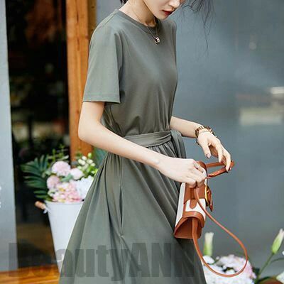 ワンピ レディース おしゃれ ベルト付き 上品 きれいめ ミモレ丈 体型カバー 半袖 綿 コットン シンプル