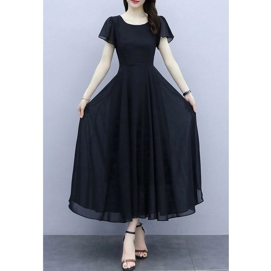 結婚式 お呼ばれドレス シンプル 体型カバー 大きいサイズ フォーマル ロング丈 半袖ワンピース 夏 レディース