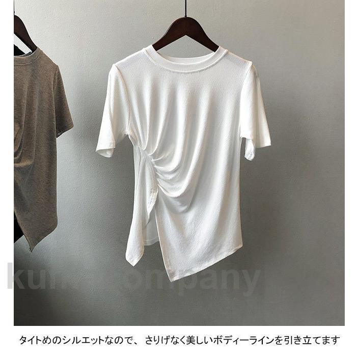 白t 夏 tシャツ ストレッチ 無地 クルーネック Tシャツ アシンメトリー リブTシャツ 半袖 カットソー レディース 半袖Tシャツ