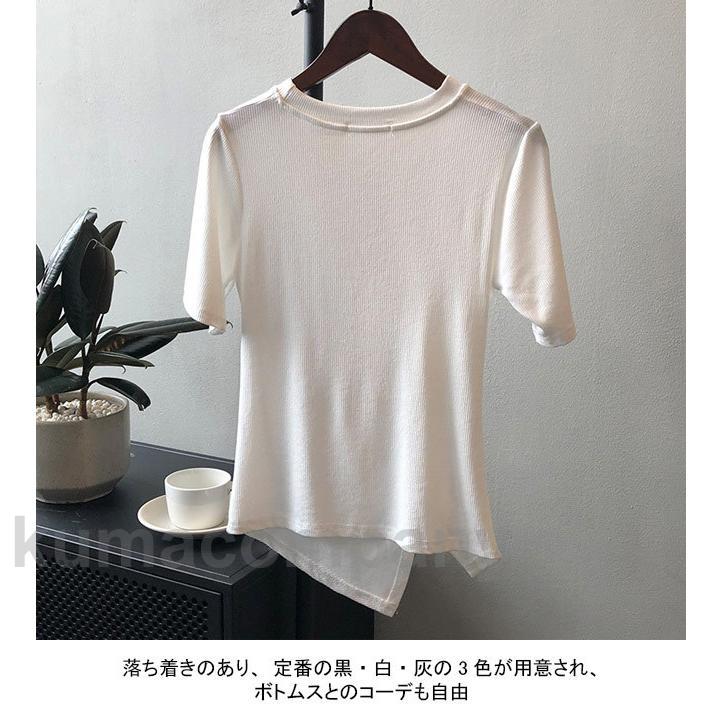白t 夏 tシャツ ストレッチ 無地 クルーネック Tシャツ アシンメトリー リブTシャツ 半袖 カットソー レディース 半袖Tシャツ