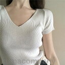 レディース ニットトップス 半袖 Vネック リブニット 薄手ニット 無地 ニットセーター ストレッチ 伸縮性 冷房対策 春 夏 秋
