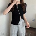 デザイン 個性的 無地 夏 リブニット 半袖 ベーシック カットソー フェミニン リブトップス タイトニット レディース Tシャツ