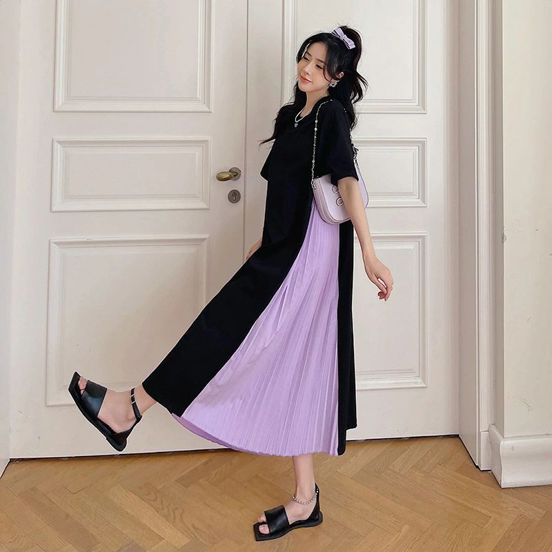 夏新作/ゆったり大きいサイズファッションドッキングプリーツ切り替えレディースフェイクレイヤード半袖ワンピース(4)